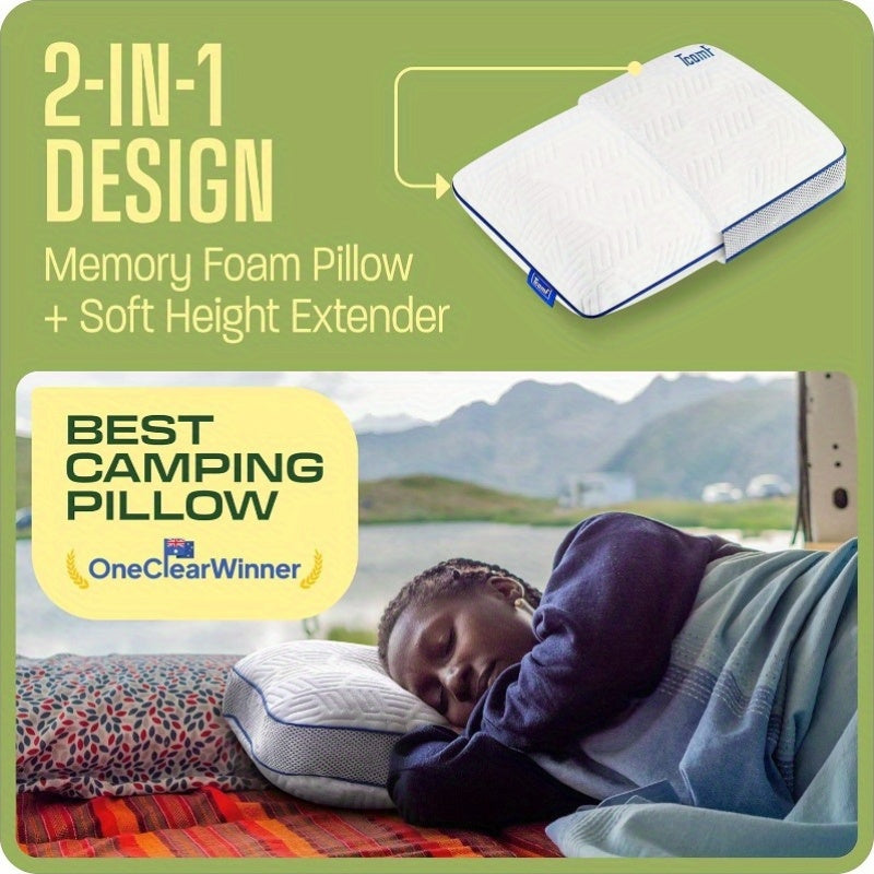 2-in-1 Design Medium Firm Camping Pillow with Soft Neck Cushion - 5-Layer Support, Portable Travel Pillow for Back Sleepers, White, Camping Pillow, Neck Pillow, Retro Style, Zipper Closure